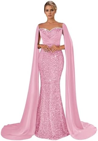 Sparkly Sequin Mermaid Prom Dresses for Women Beaded Formal Dresses Sweetheart Evening Party Gowns with Cape