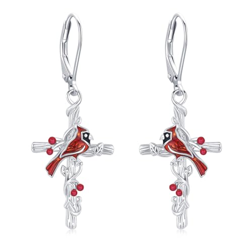 Cardinal Earrings 925 Sterling Silver Cross Cardinal Earrings Red Bird Earrings for Women Hypoallergenic Memorial Sympathy Cardinal Jewelry Gift