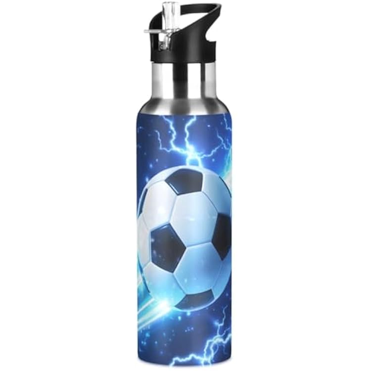 Soccer Water Bottle 20 oz, Blue Lightning Boys Sports Water Bottle, Insulated Vacuum Stainless Steel Mug with Straw Lid & Handle