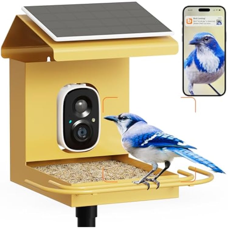 Metal Smart Bird Feeder with Camera Solar Powered Only 2.4G WiFi Compatible, Lifetime Free AI Bird Feeder Camera 2.5K Motion Activated Wireless Outdoors Pole Mount, Gift for Bird Lovers