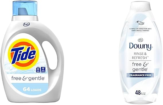 Bundle of Tide Free & Gentle, Liquid Laundry Detergent Soap, Uncsented, 64 Loads, 84 fl oz + Downy Rinse & Refresh Free & Gentle Laundry Odor Remover and Fabric Softener, Fregrance Free, 48 fl oz