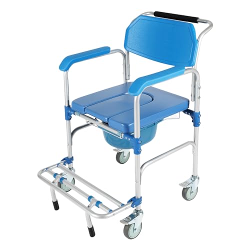 Shower Commode Wheelchair with Anti-Rollover Foot Pedal & Large U-Shaped Cushion, Portable & Waterproof Bedside Commode Chair, Potty Chair for Seniors, Disabled, Bariatric & Handicap