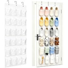 Over the Door Shoe Organizer with 24 Crystal Clear Pockets and Metal Hooks Heavy Duty Hanging Shoe Storage Rack for Closet, Bathroom, Dorm Space Saving for Shoes, Accessories, Toys (White)