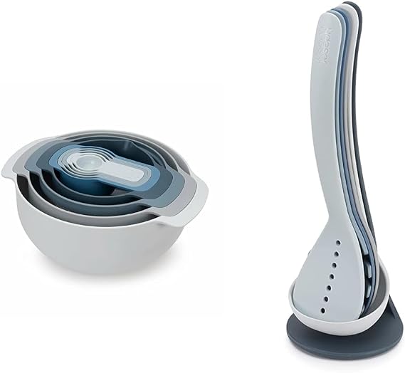 Joseph Joseph Nest 9-piece compact food preparation set, measuring bowls and colanders & Nest Utensils Plus, 5-Piece Set, Blue