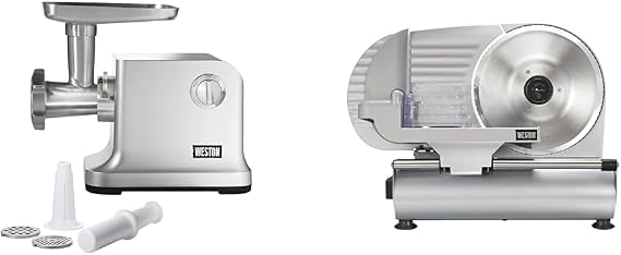 Weston Electric Meat Grinder & Sausage Stuffer, #12 750 Watt, 1 HP Motor, Grinds 4 lbs Per Minute, Silver 33-1301-W & Electric Meat Cutting Machine, Deli & Food Slicer, Adjustable Slice Thickness