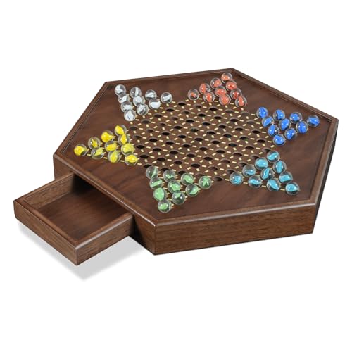 Chinese Checkers Set, 15 Inch Wooden Checkers Board Game with 6012 Colorful Glass Marbles Fun Family Chinese Checkers Game for 2-6 Players