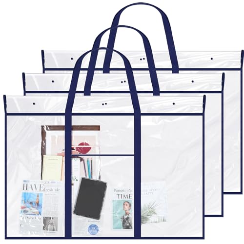 Windyun 3 Pack Large Poster Storage Bag 48 x 36 Bulletin Board Holder Art Portfolio Case PVC Art Portfolio Container Bulletin Board Storage Box with Pocket for Classroom Teacher Organization Blue