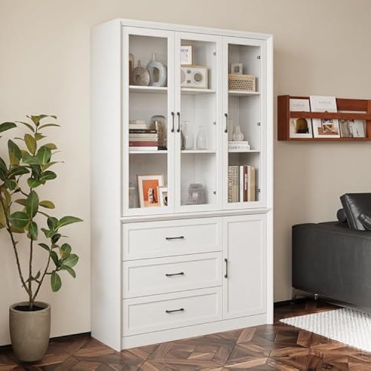 ECACAD 79.6 H Bookcase Storage Cabinet with 3 Glass Doors, 3 Drawers and Shelves, Large Bookshelf Display Cabinet with Wood Grain and Metal Handles for Living Room, Dining Room, White