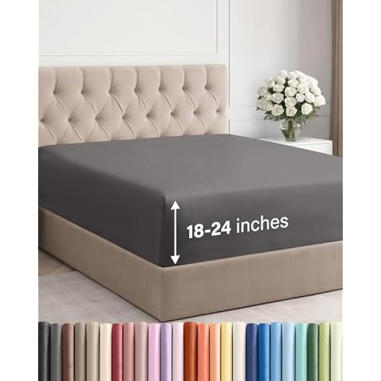 Extra Deep Full Fitted Sheet - Hotel Luxury Single Fitted Sheet Only - Easily Fits 18 inch to 24 inch Mattress - Ultra Soft, Wrinkle & Fade Free wExtra Deep Pockets - Breathable & Comfy - Dark Grey