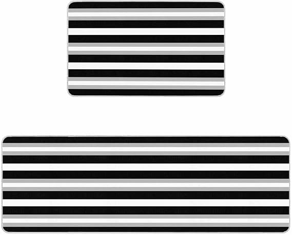 Black Gray Kitchen Mat Set of 2, Cushioned Anti-Fatigue Kitchen Rugs, Waterproof & Non-Slipping Kitchen Mat for Floor, Kitchen Rugs and Mats for Kitchen Laundry, Contrast Stripe Theme