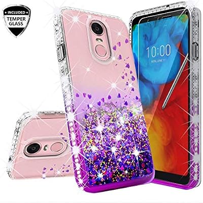 SOGA Case Compatible for LG Aristo 4 Plus Case, LG Escape PlusTribute RoyalJourney LTEK30 2019 Case, with [Tempered Glass Screen Protector] Diamond Quicksand Cute Phone Cover - Clear and Purple