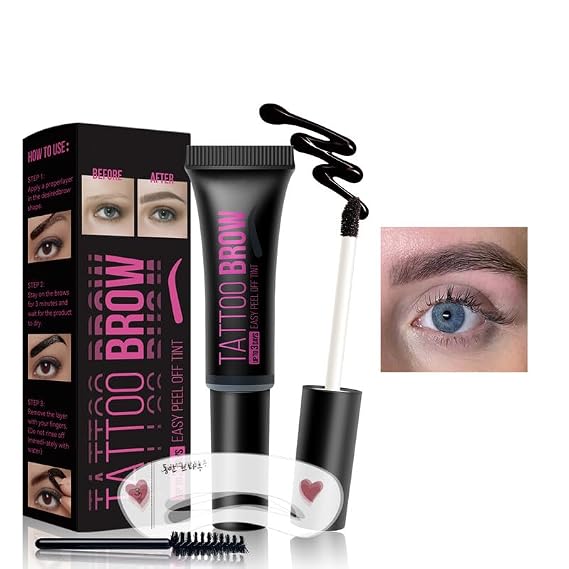 Waterproof Tattoo Brow Gel Kit, Long Lasting Waterproof Transfer-Proof Tattoo Brow Peel Off Tinted Gel, Full, Last for 3 Days, with Reusable Eyebrow Stencils & Brush, 01# Dark Gray