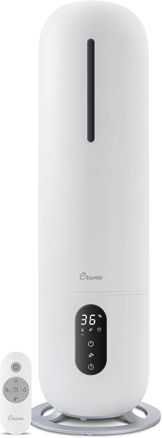 Crane 2 Gallon Top Fill Ultrasonic Cool Mist Tower Humidifier for Home, Whisper Quiet, Filter Free, Dishwasher Safe, Auto Shutoff, White