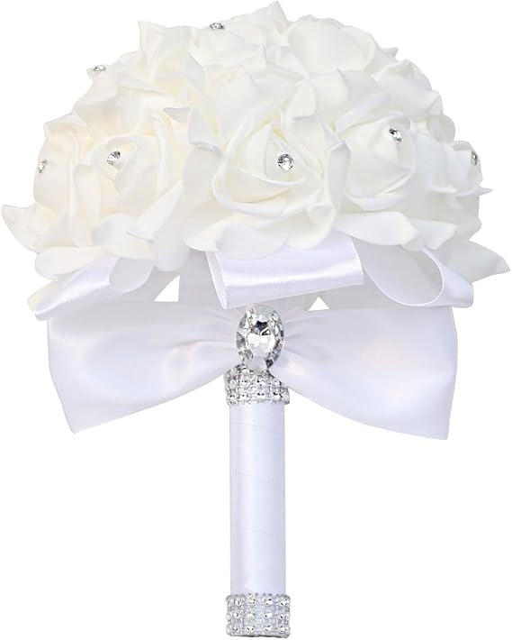 White Wedding Bouquets for Bride,23 x 17cm Bridal Bridesmaid Holding Flowers with Crystal Diamond and Soft Ribbons,Rose Bridal Flower,Bridesmaid Hand Flower,Wedding Artificial Bouquet