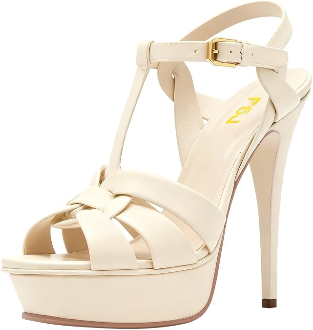 FSJ Women T-Strap Platform Sandals Peep Toe Ankle Strap Stiletto Heels Strappy Wedding Dating Summer Dress Shoes Size 4-16 US