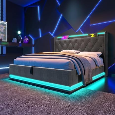 Upholstered Ottoman Bed with Hydraulic Storage & 360 Surround LED Lighting, 4ft6 Double Bed Frame with Charging Station, Linen Functional Upholstered Storage Bed with Wooden Slat, No Mattress, Grey