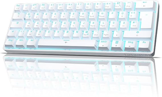 Dierya DK61SE-D Gaming Keyboard 60 Percent Mechanical Red Switch QWERTZ German Layout Ultra Compact Mini 61 Keys Keyboard Anti-Ghosting Type-C Data Cable for PC Windows Gamer Typist White
