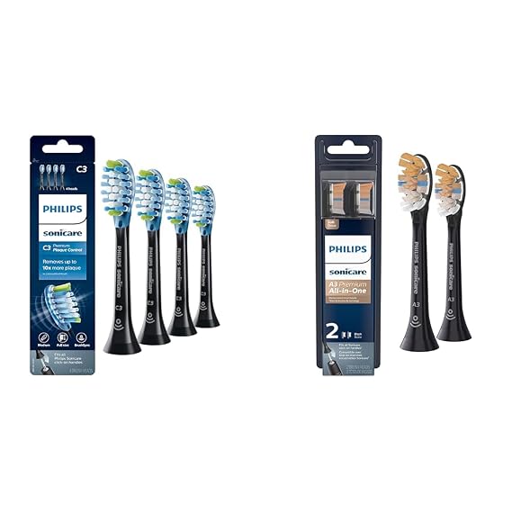 Philips Sonicare Genuine C3 Premium Plaque Control Replacement Toothbrush Heads & Genuine A3 Premium All-in-One Replacement Toothbrush Heads, 2 Brush Heads, Black, HX9092/95