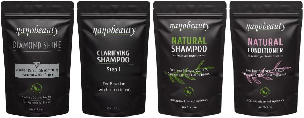 Nanobeauty Brazilian Keratin Hair Straightening Treatment, FULL Kit with SLS Shampoo and Conditioner. Diamond Infused, Vegan, Blow dry, SmoothingRepair, Argan Oil, Professional Results 50ml x 4 KIT
