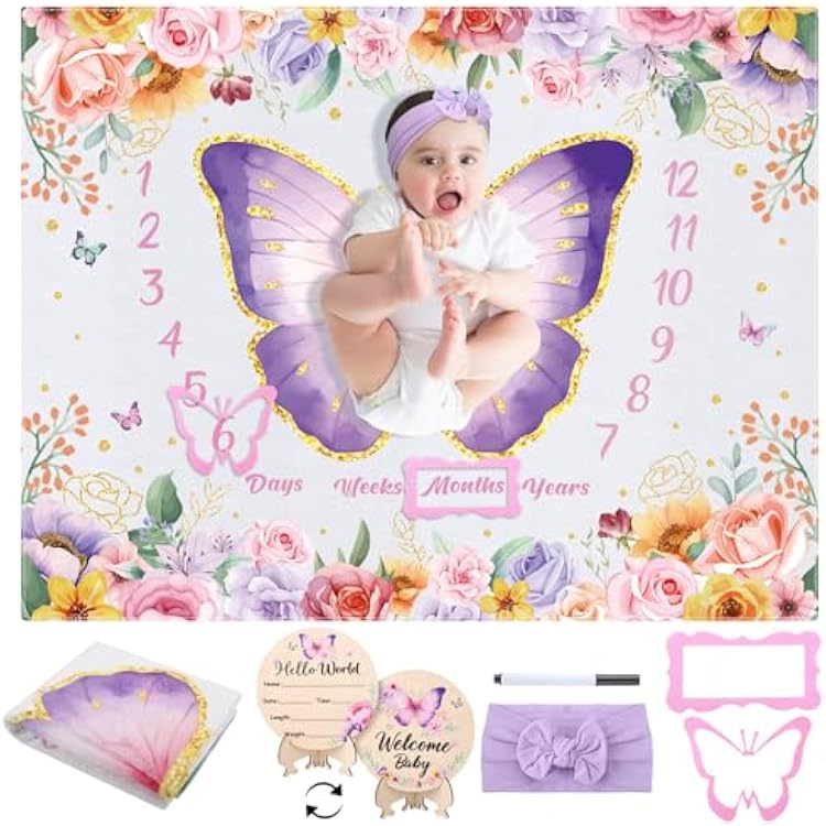 Butterfly Baby Milestone Blanket Set for Baby Girls, Floral Monthly Baby Milestone Blanket Baby Growth Blanket Newborn Photography Background with Wooden Signs, Frames, Bow Headband