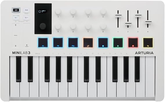 Arturia - MiniLab 3 - Universal MIDI Controller for Music Production, with All-in-One Software Package - 25 Keys, 8 Multi-Color Pads. - White