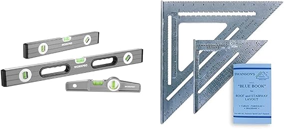 WORKPRO 3-Piece Spirit Level Set(9", 16", 24"), W002900A & SWANSON Tool Co., Inc SW1201K Value Pack 7 inch Speed Square and Big 12 Speed Square (without layout bar) ships with Blue Book