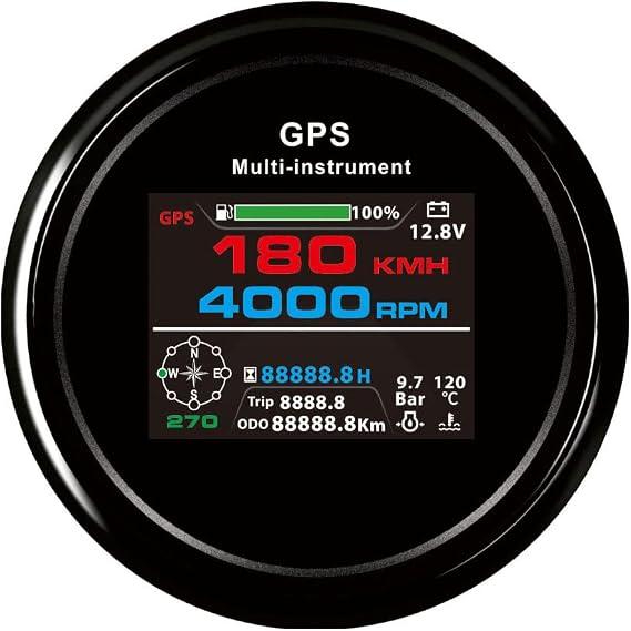 ELING 85mm LCD 0-999KM/H MPH Knots GPS Speedometer Odometer Trip Tachometer Hours for Boat Truck Car with Fuel Gauge Voltmeter Water Temp Oil Pressure Compass (Black+Black)
