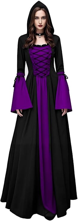 Women's Gothic Witch Dress, Medieval Hooded Halloween Sorceress Costume