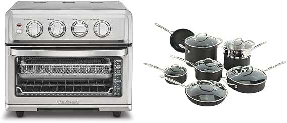 Cuisinart Air Fryer + Convection Toaster Oven, 8-1 Oven with Bake, Grill, Broil & Warm Options, Stainless Steel, TOA-70 & 14-Piece Cookware Set, Chef's Classic NonStick Hard Anodized, Gray, 66-14N
