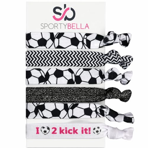 SportyBella Soccer Hair Accessories - No Crease Elastic Hair Ties, Ideal Gift for Girls Soccer Players 6pcs
