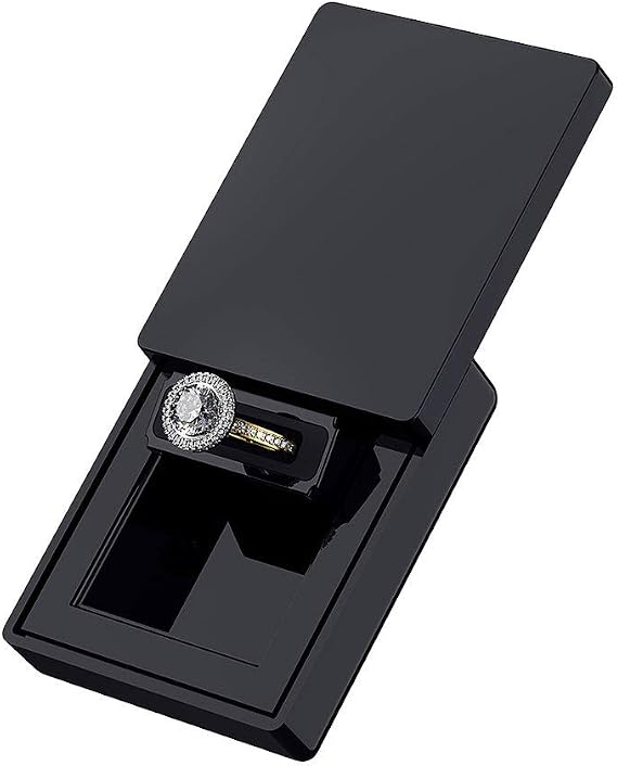 MONOLIX Slim Engagement Ring Box, Thin Unique Sliding Lid, Elegant Discreet Secret Surprise Marriage Wedding Proposal Case (Black, MAXI)