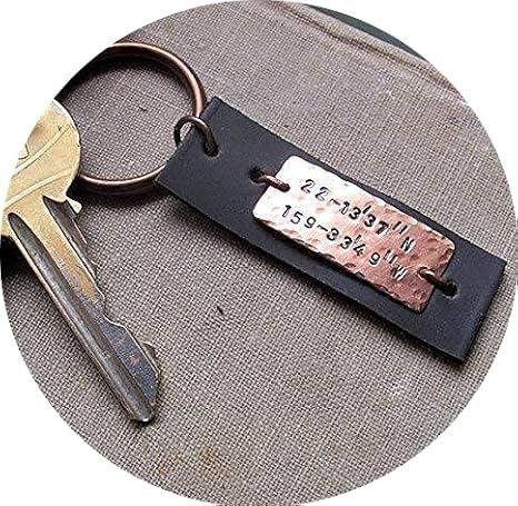 Coordinates Engraved Men's Keychain - Custom Latitude Longitude Keychain - Copper Metal Leather Mens Keychain - Birthday Mens Gift Idea