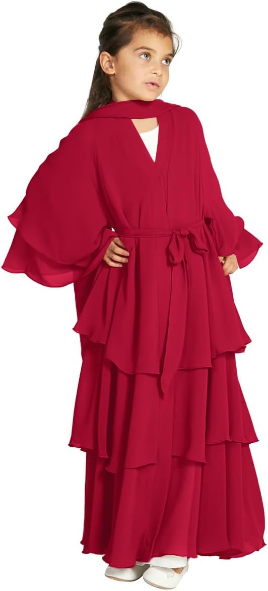 Kids Abayas Dress for Girls Muslim Dress with Hijab Chiffon Layered Islam Kaftan Robe Open Front Cardigan Prayer Dress
