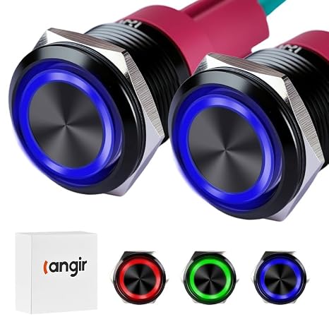 15Amp Latching Push Botton Switch 2PCS,16mm(0.63)12V-24V Black Shell AC/DC IP67 Waterproof With Blue LED Angel Eye Light On and Off With Wire Socket.