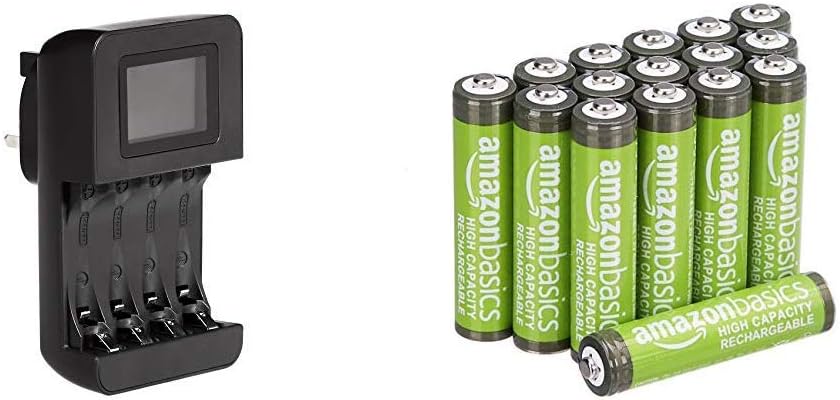 Amazon Basics Intelligent Digital Battery Charger for 4 AA, AAA & AAA High-Capacity Rechargeable Batteries 850mAh 16-Pack Pre-charged