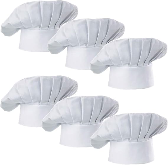 Chef Hat Set of 6 PCS Pack Adult Adjustable Elastic Baker Kitchen Cooking Chef Cap (White)