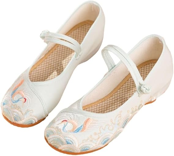 2024 Summer Chinese Traditional Style Embroidered Flower Shoes Comfort Round Toe Casual Mary Jane Ballet Shoes Hanfu Ancient Style Flats Shoes(Color:Light blue,Size:5 UK)
