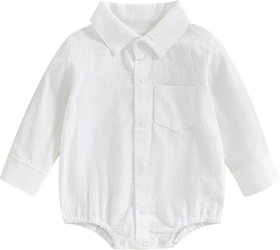 Newborn Baby Boy Clothes Cotton Linen Shirt Romper Button Up Lapel Long Sleeve Dress Shirt Bodysuit Fall Outfit