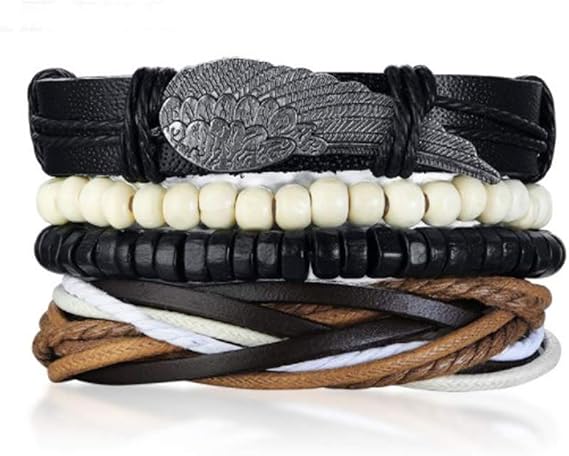 MiniJewelry 4Pcs Braided Leather Wrap Bracelets for Men Women Adjustable Anchor Feather Angel Wing Evil Eye