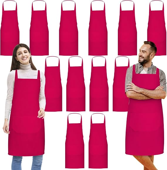 Jeffbaubl 12 Pack Bib Apron,Aprons Bulk,Unisex Plain Aprons with 2 Pockets,Blank Apron with Long Ties for Adults,23.6x27.6In