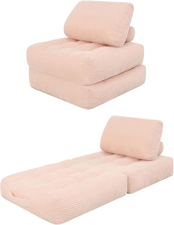 Blue Folding Sofa Bed - Convertible Sleeper Chair with Pillow & Back Support, Comfy Foldable Mattress, Portable Futon Fold Out Chair Bed for Living Room/Bedroom/Apartment (Pink)