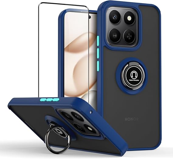 QUIETIP Case for Honor X7d & Honor 400 Smart with Screen Protector,Translucent Matte Drop Magnetic Ring Car Mount Stand Cover,Blue