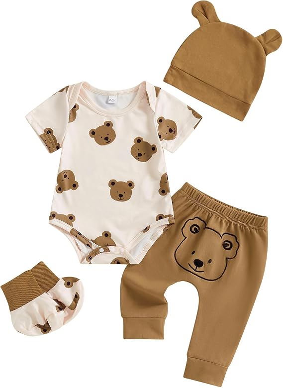 Newborn Baby Boy Farm Outfits Letter Print Romper + Pants + Hat 3PCS Cute Infant Boy's Clothes Set