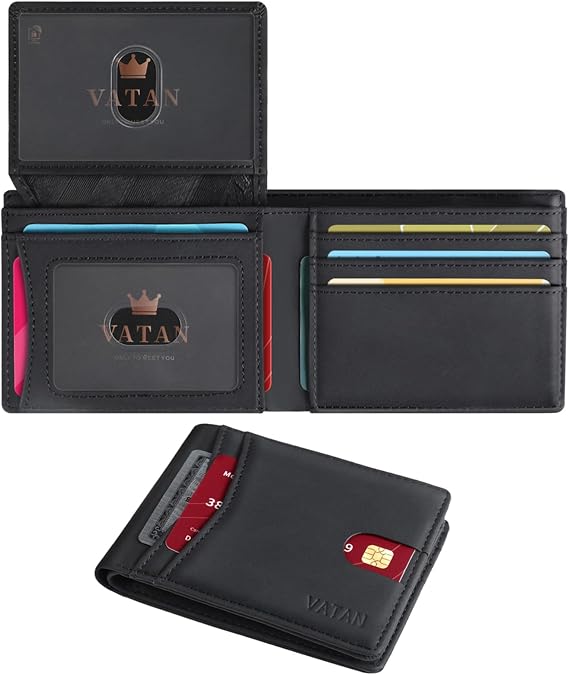 VATAN Wallet for Men Slim RFID Blocking Leather Credit Card Holder Wallet for 15 Cards, Bifold Minimalist Thin Wallet with 2 ID Windows & Cash Slot, With Gift Box (Crazy Horse Black)