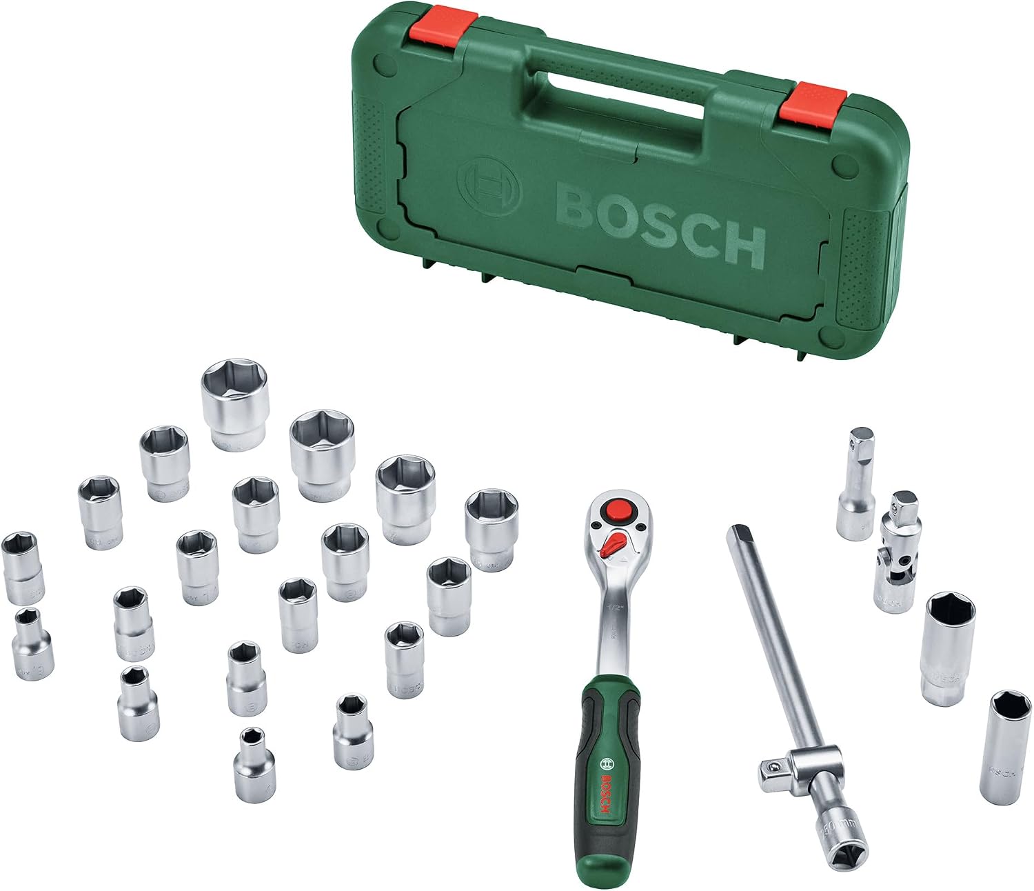 Bosch 12 inch ratchet, 25-piece set strong latch; high torque up to 768 Nm; locking button; intuitive direction change; curved neck; ergonomic soft handle; 24 accessories; bag