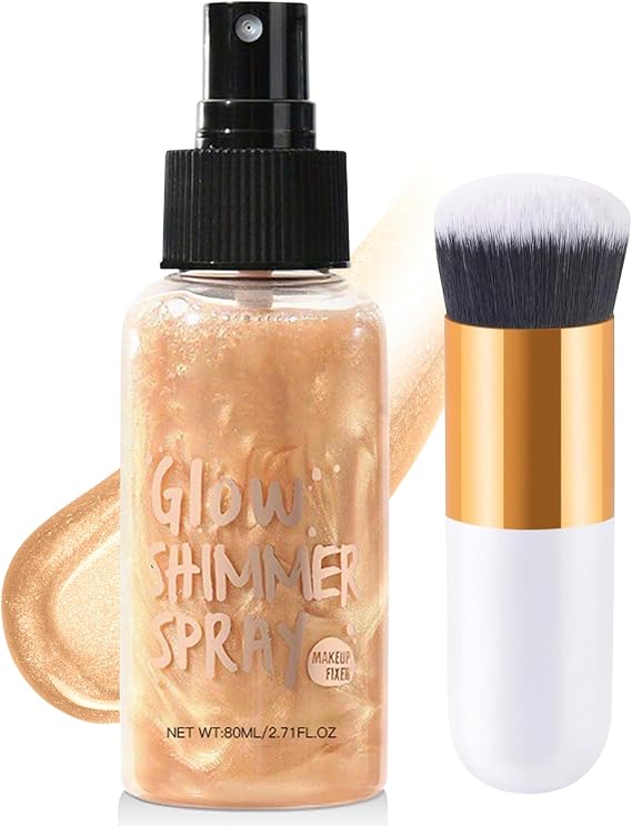 Shimmer Body Oil, Liquid Highlighter Makeup, Non-Sticky Face & Body Shimmer Liquid Spray, Glitter Glow Lotion, Lightweight Moisturizing Skin Highlighter, Makeup Brush Include (Rose Gold)