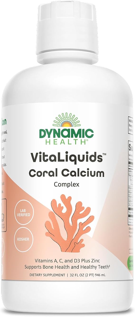 DYNAMIC HEALTH VitaLiquids Coral Calcium Complex - Liquid Calcium Supplements for Women and Men - Supports Strong Bones - with Vitamin D (D3), Zinc, Trace Minerals - Marine Sourced - 31 Servings, 32oz