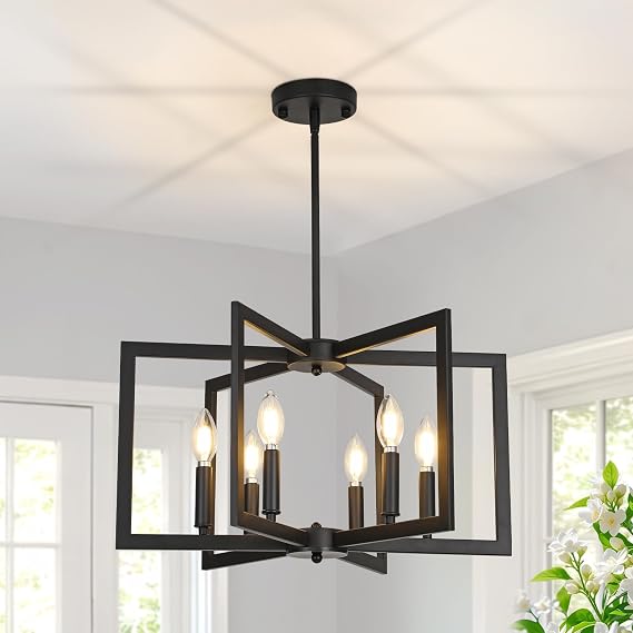 6-Light Black Chandeliers for Dining Room,Modern Farmhouse Chandelier, Pendant Lights Kitchen Island,Geometric Industrial Metal Hang Lighting Fixture for Foyer Entryway Hallway Living Room