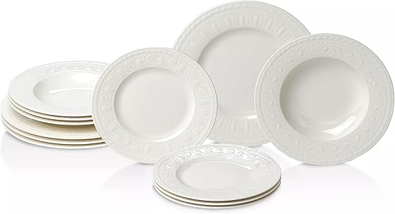 Villeroy & Boch Cellini 12 Piece Dinnerware Set, White, Service for 4 | Premium porcelain dinnerware set, made in Germany, dishwasher and microwave safe, has Renaissance-inspired elegance