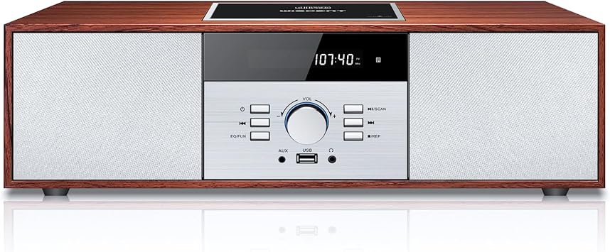 Vintage Style Home CD Player with Bluetooth, FM Radio, USB Port for MP3 Playback, Aux-in, Earphone Port, 30W Nostalgic Wood Home HiFi Stereo System